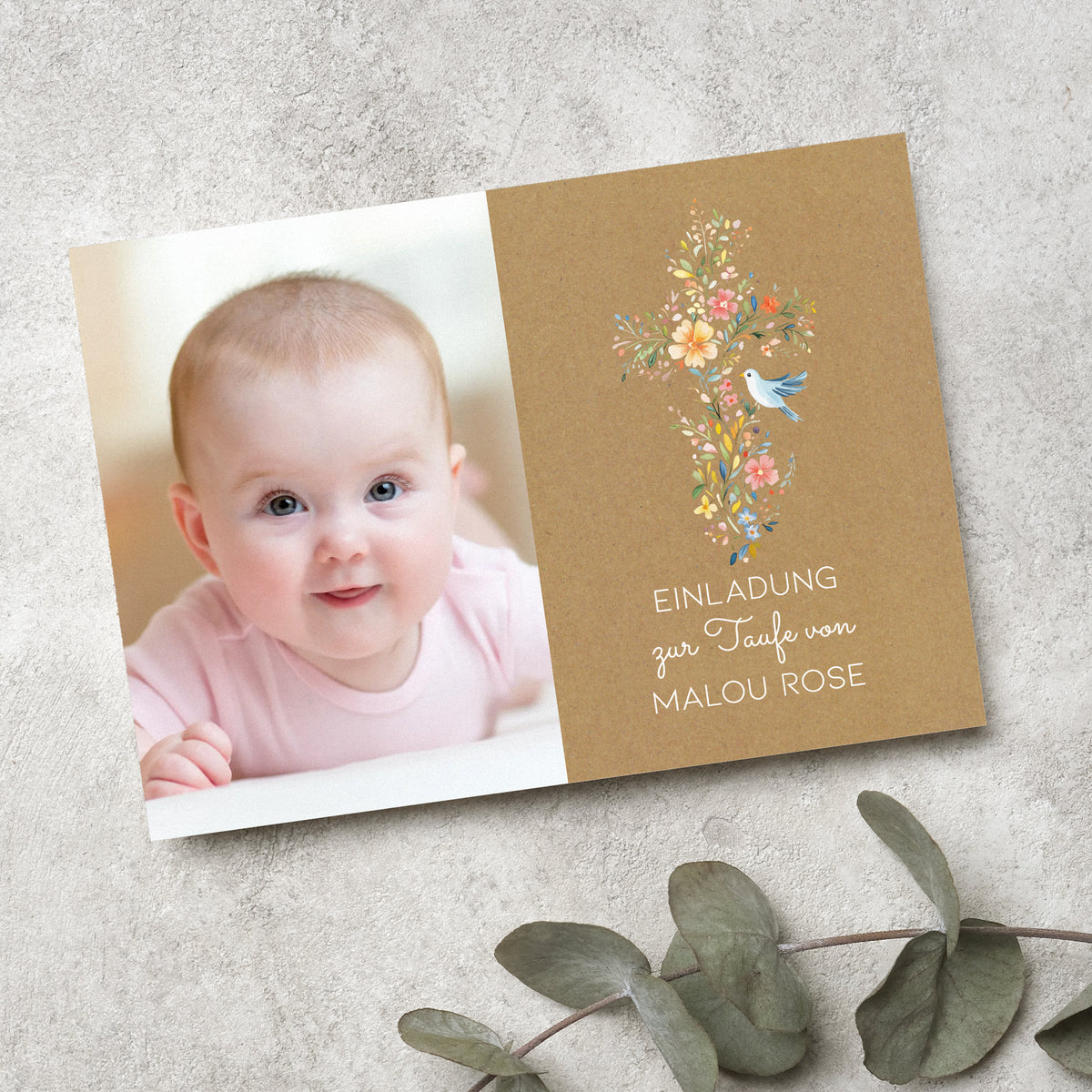 Einladungskarte zur Konfirmation, Kommunion, Taufe mit Foto & Wunschdaten | Blumenkreuz