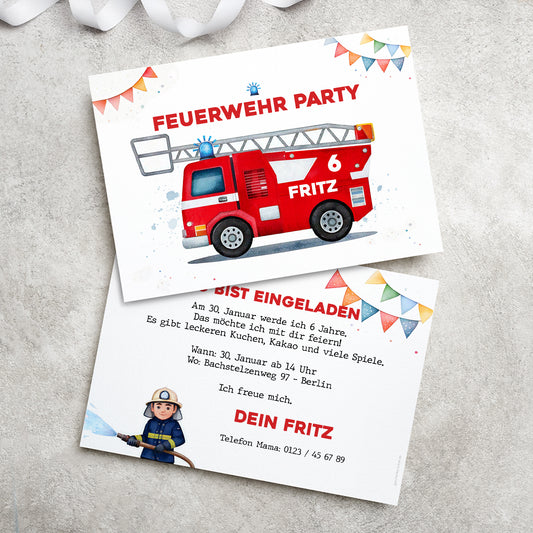 Einladungskarte zum Kindergeburtstag zur Feuerwehr-Party mit Wunschdaten