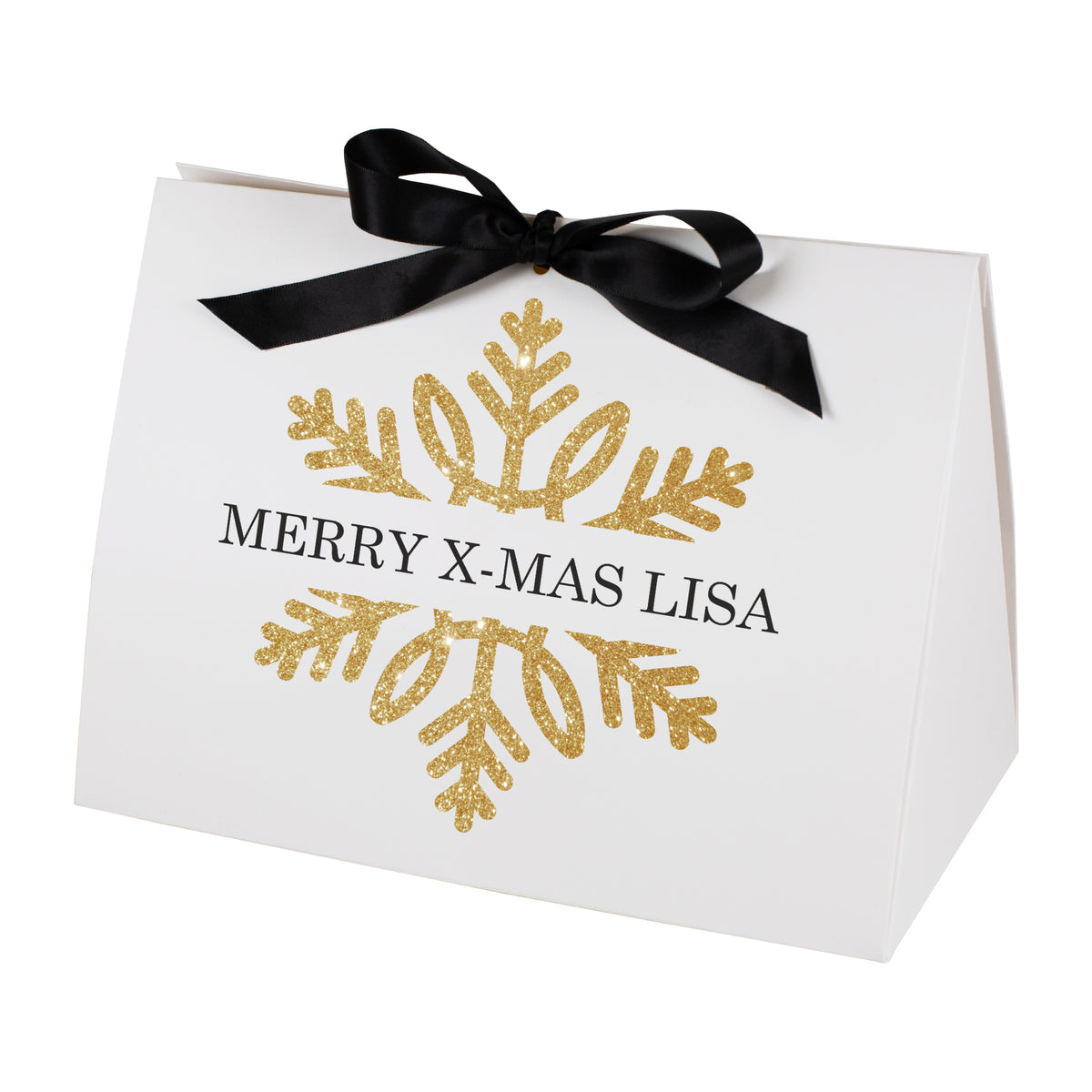 Freigestellte große Geschenktasche mit goldener Schneeflocke und personalisiertem Text „Merry X-Mas Lisa“, fotografiert vor weißem Studiohintergrund.