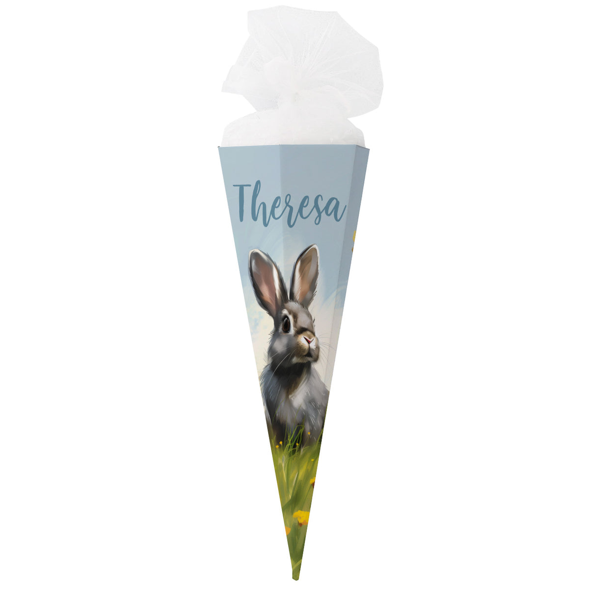 Produktfoto der Zuckertüte mit Hasenmotiv und dem Namen „Theresa“, freigestellt auf Weiß