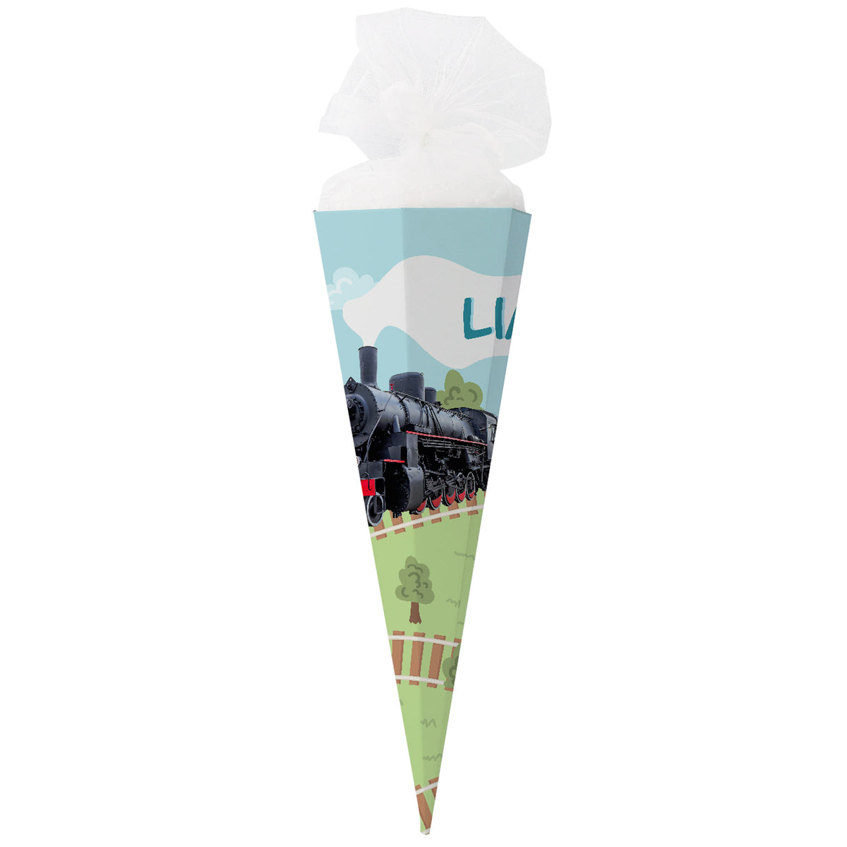 Schultüte XL mit Zug Motiv personalisiert mit Name | Retro Dampflok | 80cm