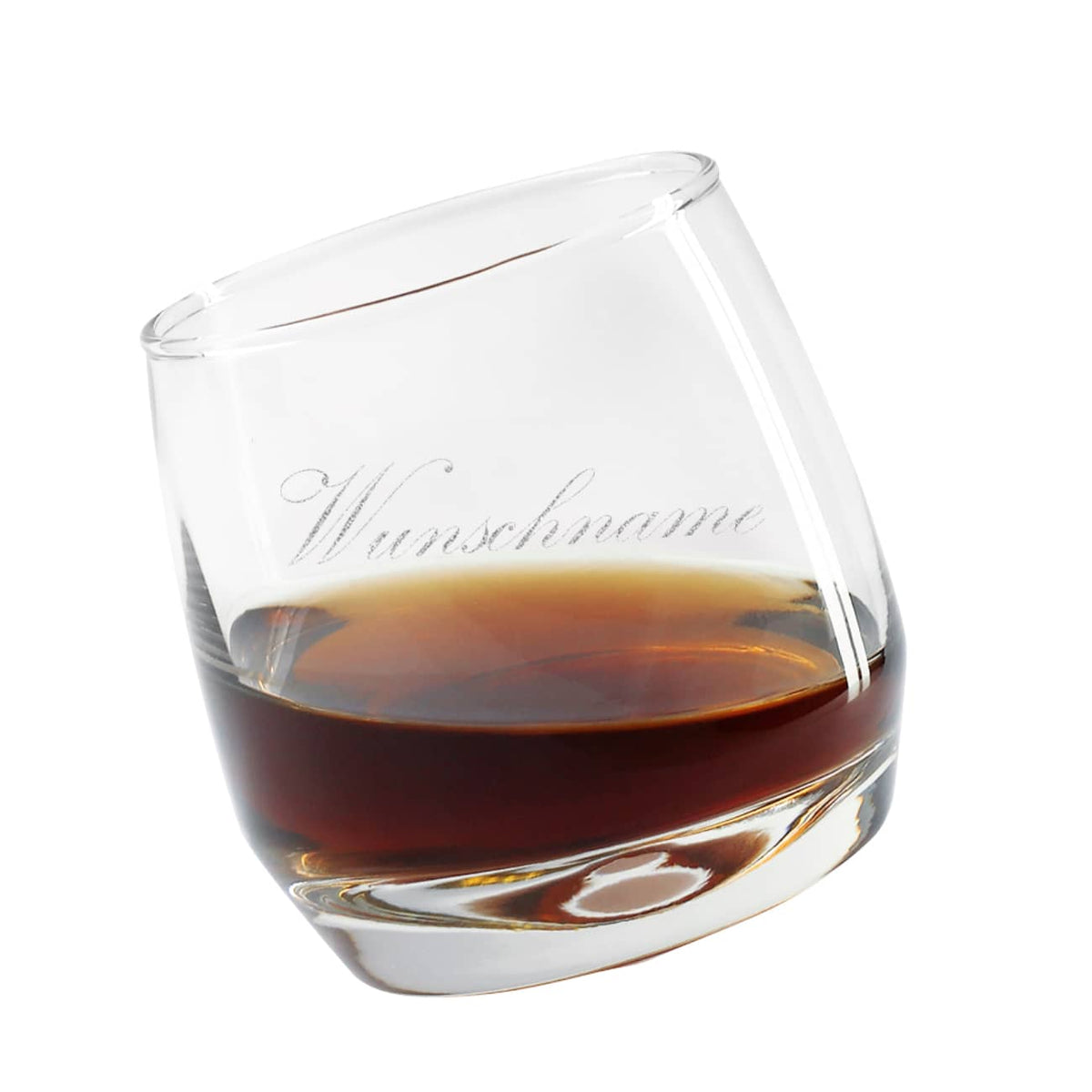 schräg stehender Whisky-Tumbler mit waagerechter Gravur Ihres Wunschnamens