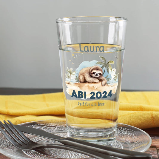 Trinkglas mit Faultier, Name und Wunschtext - Geschenk zum bestandenen Abi