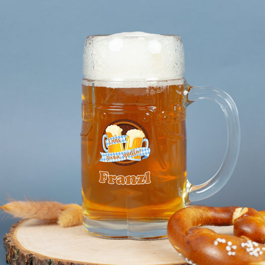 Personalisierter Bierkrug mit Spruch „Oans, zwoa, gsuffa!“, Name Franzl und bayerischem Motiv