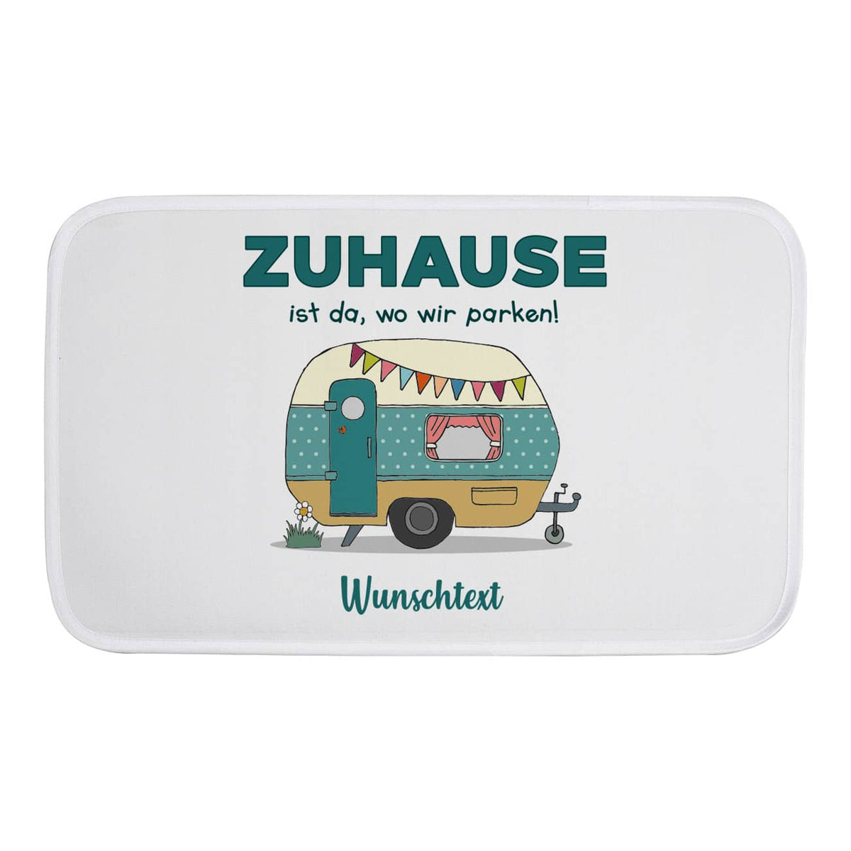bedruckte Badematte mit Wohnwagen und Wunschtext