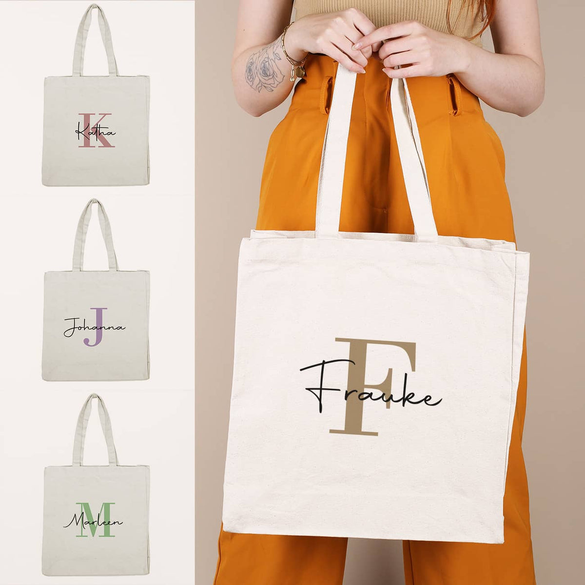 Baumwolltasche mit Initial in verschiedenen Farben und Name personalisiert