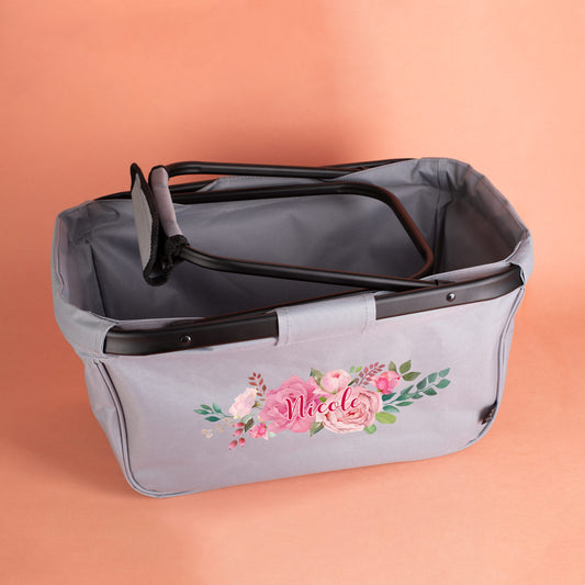 Praktischer Einkaufskorb mit Blumenbouquet und individuellem Aufdruck