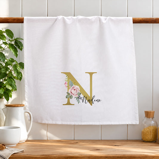 Bedruckte Geschirrtuch Rosen-Monogramm und Name