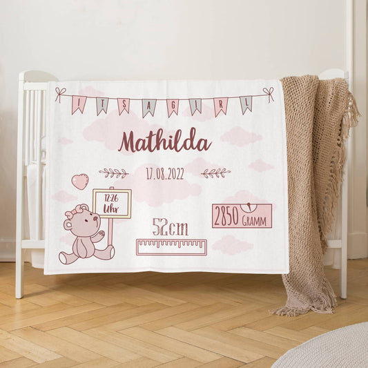 Personalisierte Baby Kuscheldecke mit rosanen Farben