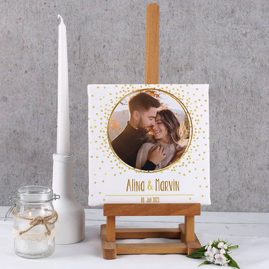 Leinwand 20x20 cm mit Foto und goldenem Hochzeitsmotiv