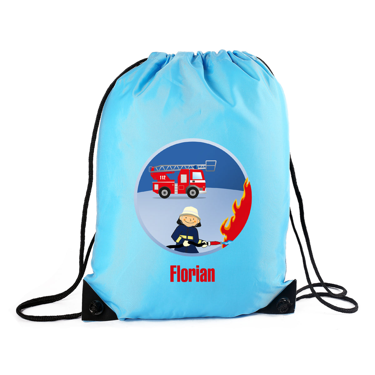 Freigestellter hellblauer Sportbeutel mit Feuerwehr-Aufdruck und Wunschname „Florian“