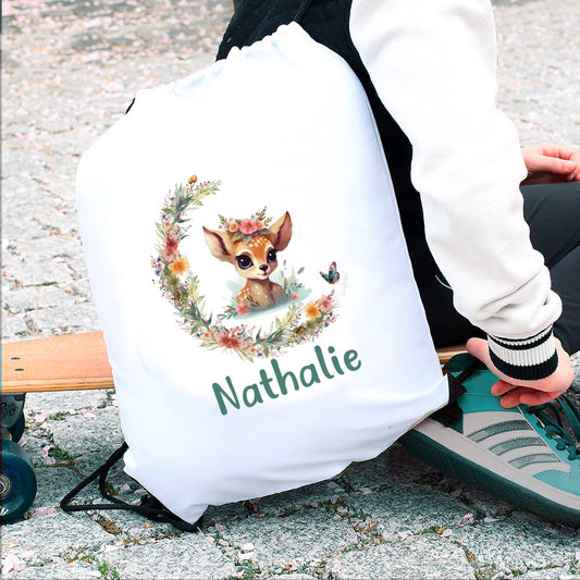Turnbeutel mit Rehkitz & Name bedruckt