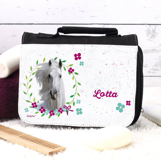 Kulturtasche mit Pferde, Blumen, Blättern und Name