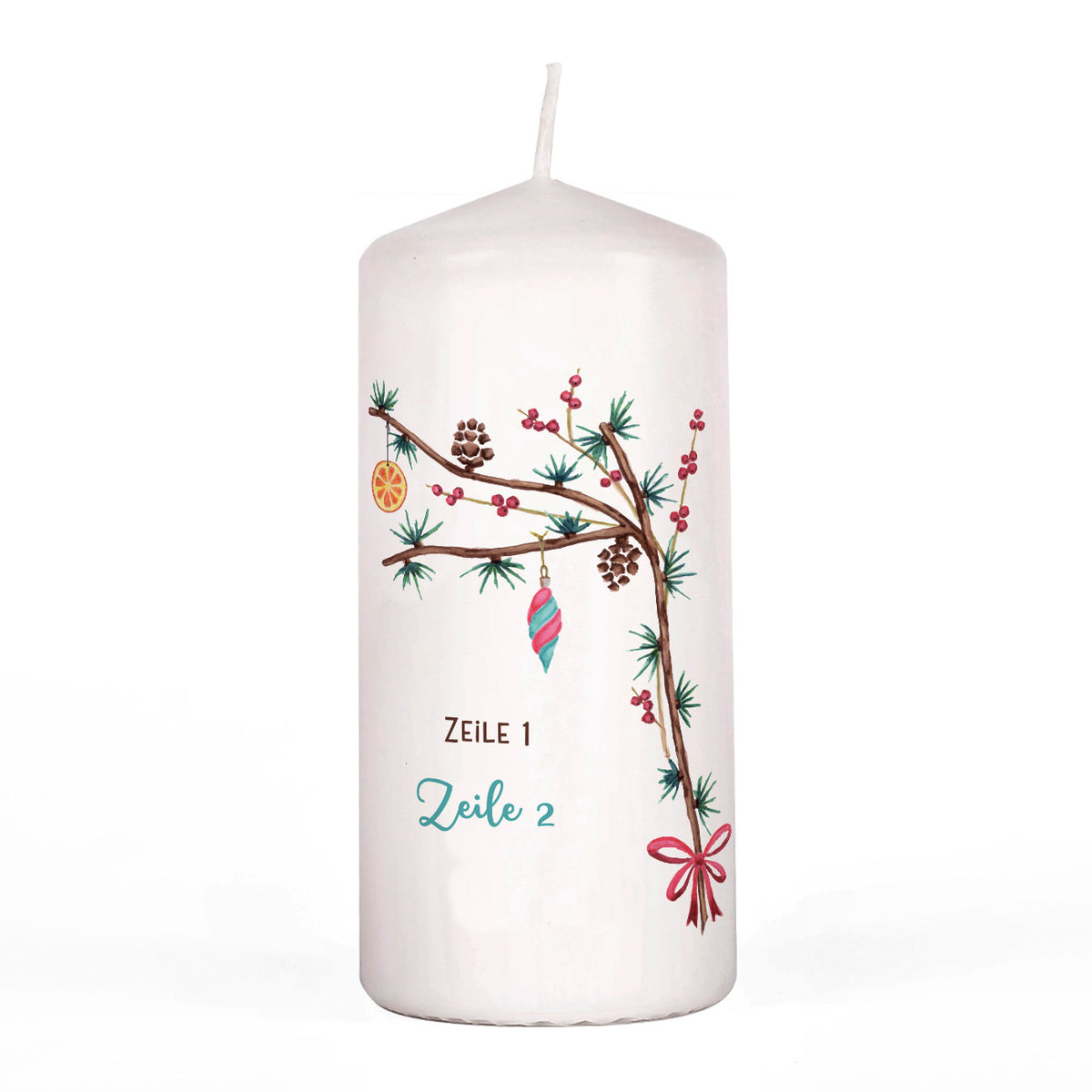 Festliche Weihnachtskerze mit Zweigen und Wunschtext