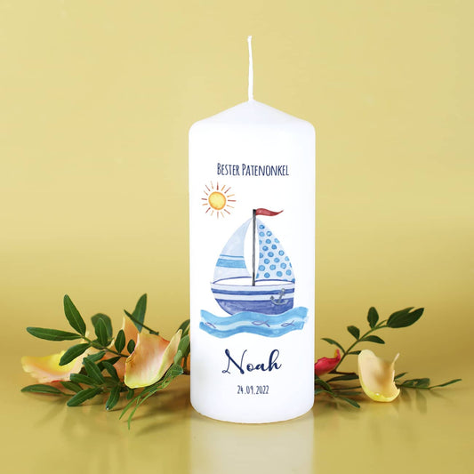 Personalisierte Patenkerze bedruckt mit schönem Segelschiff Motiv