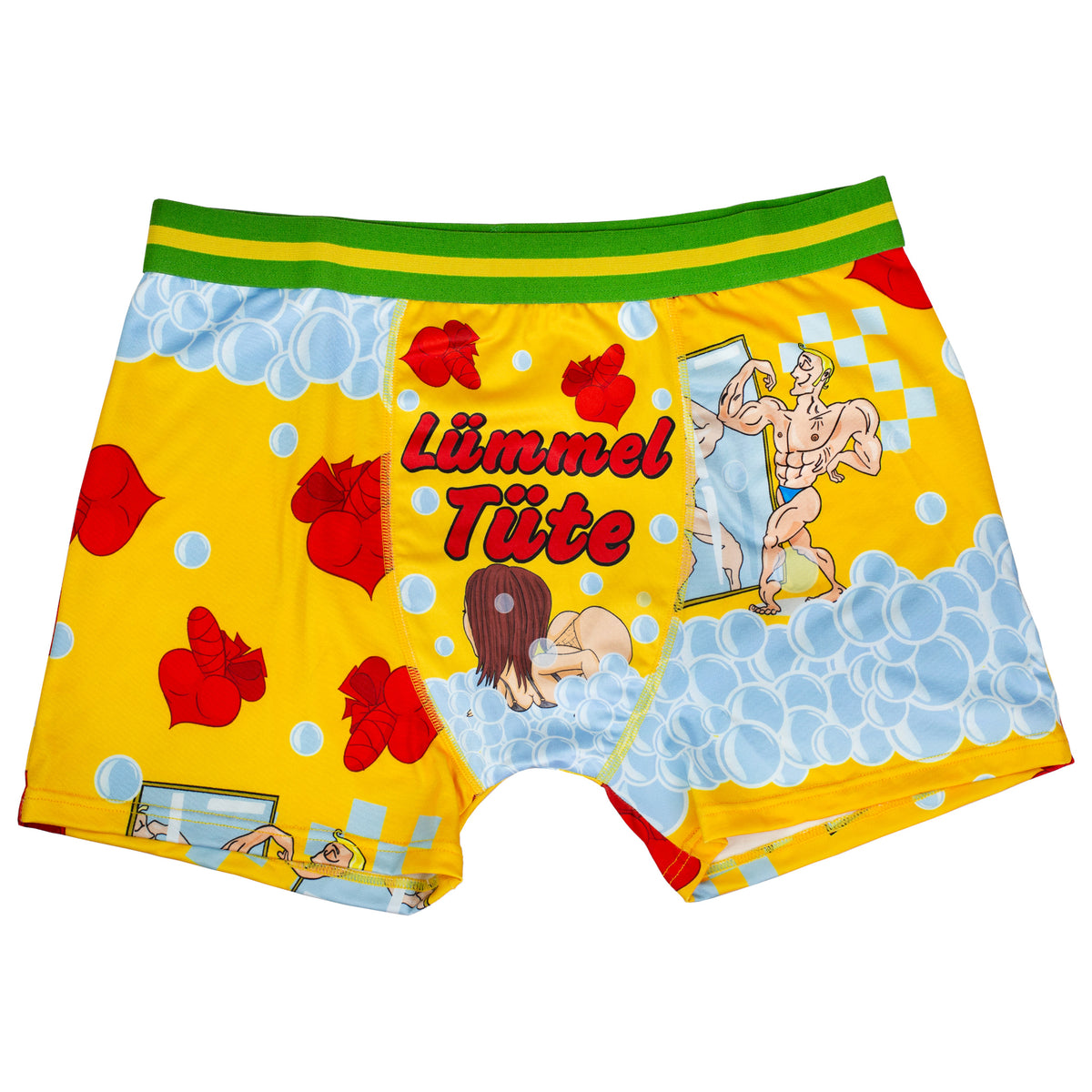Freche Boxershort Lümmeltüte mit Comic-Motiv in Gelb, Vorderansicht