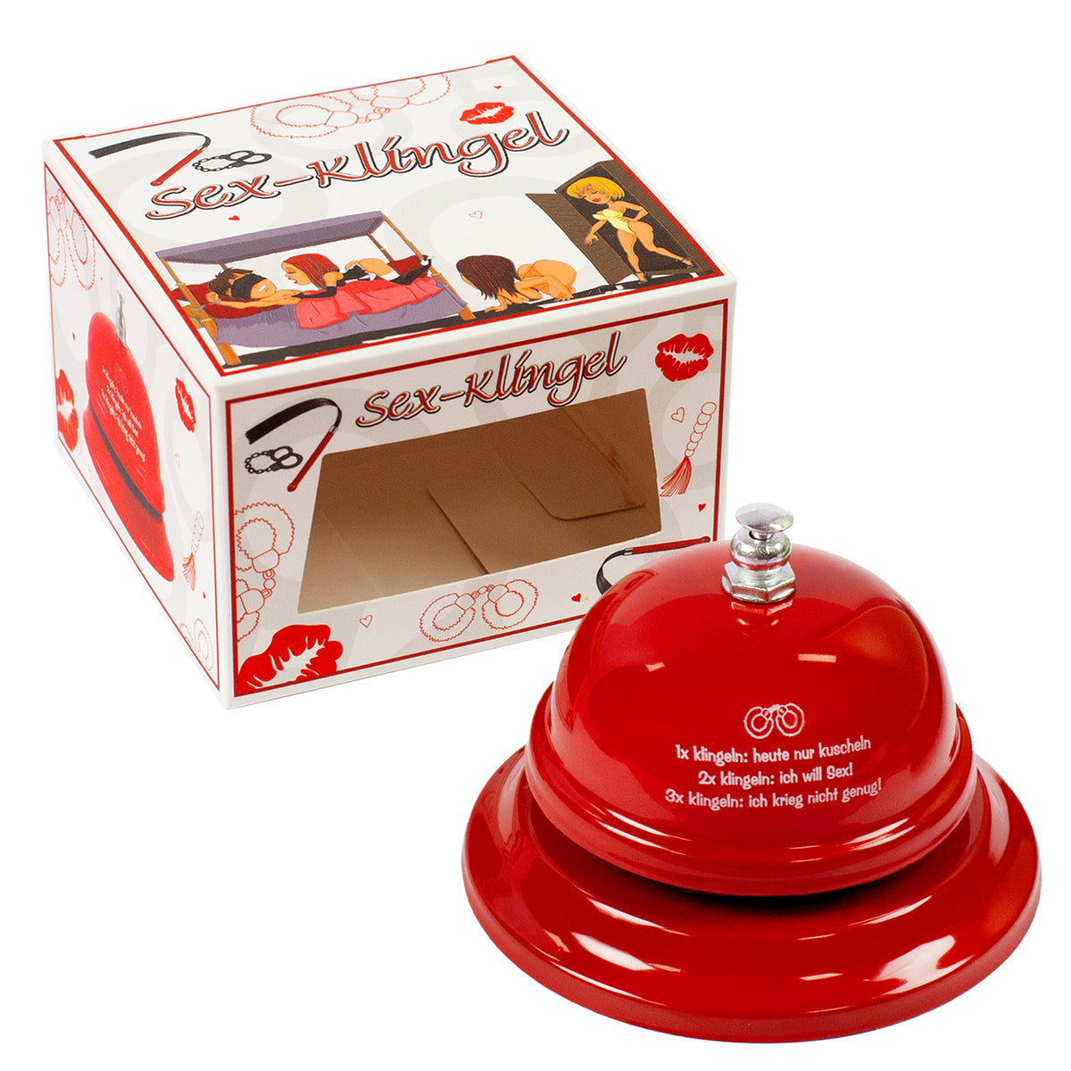 Sex-Klingel in Rot mit witzigem Text und Kartonverpackung, lustiges Geschenk für Paare