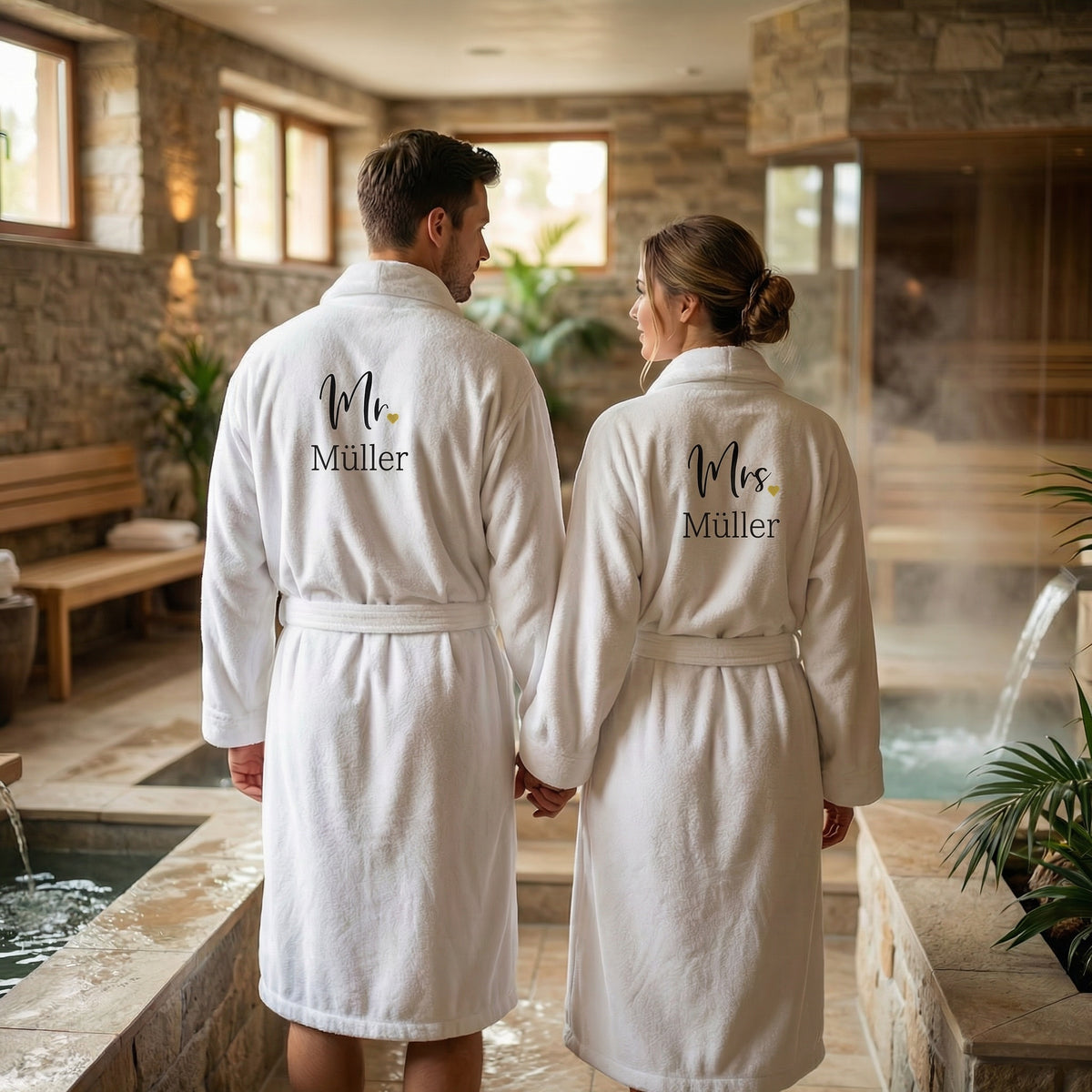 2 Bademäntel zur Hochzeit - Mr & Mrs mit Name bestickt, Unisex Gr. S-XL