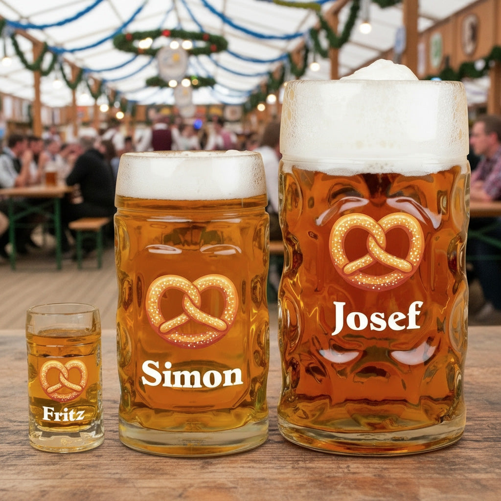Drei Glasgrößen im Vergleich mit Brezel-Motiv und Namensaufdruck Fritz, Simon und Josef in einem Bierzelt