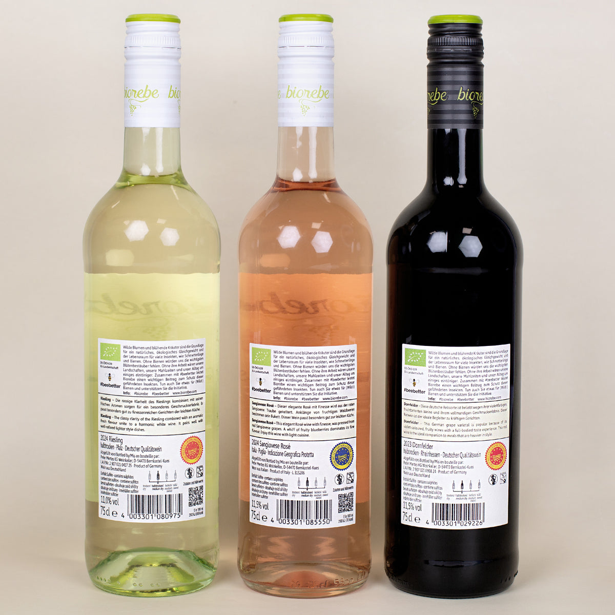 Biorebe Wein-Set mit drei Sorten: Riesling, Rosé und Dornfelder in der Rückansicht