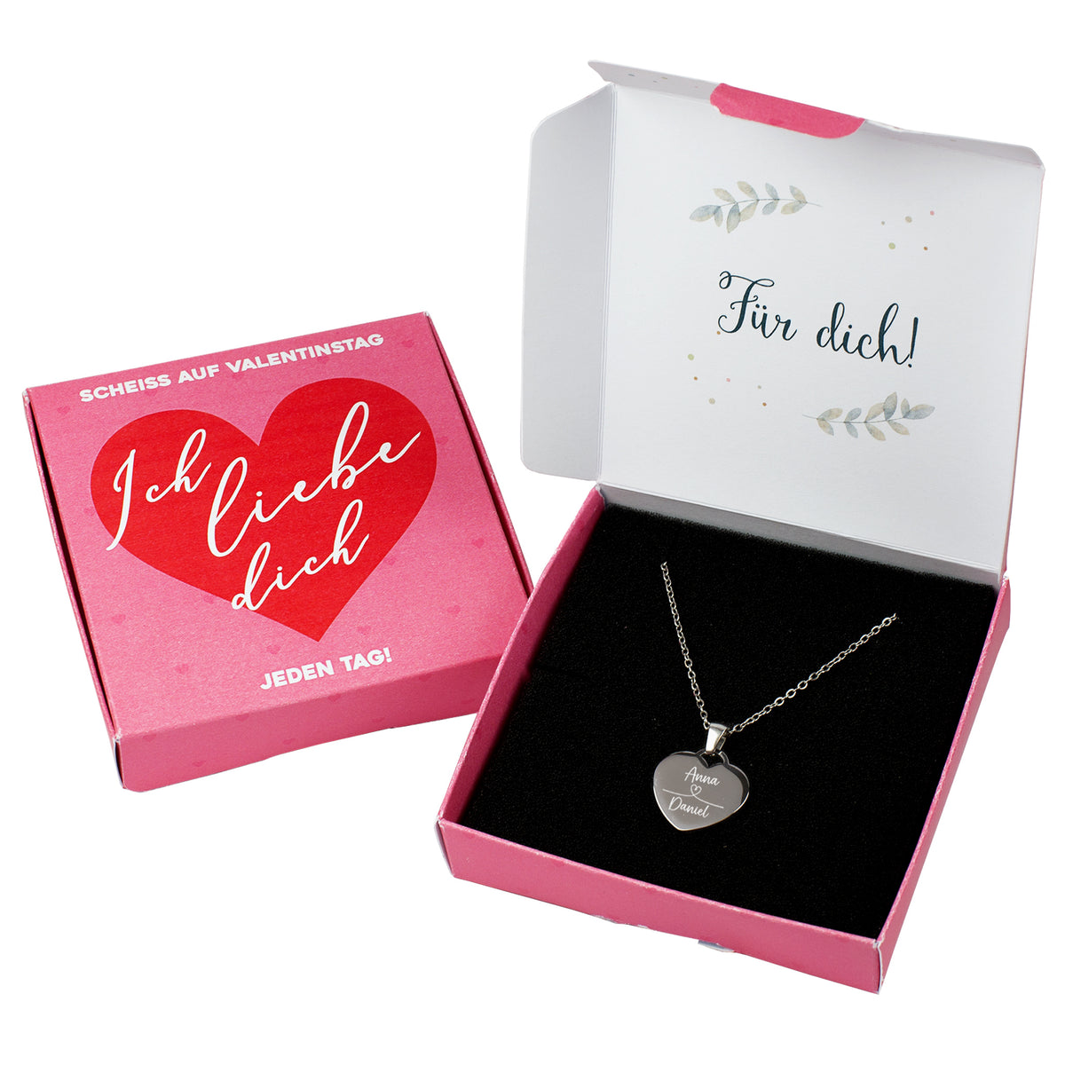 Halskette mit Gravur des Herzanhängers und passende Geschenkbox - Scheiß auf Valentinstag ich liebe dich jeden Tag