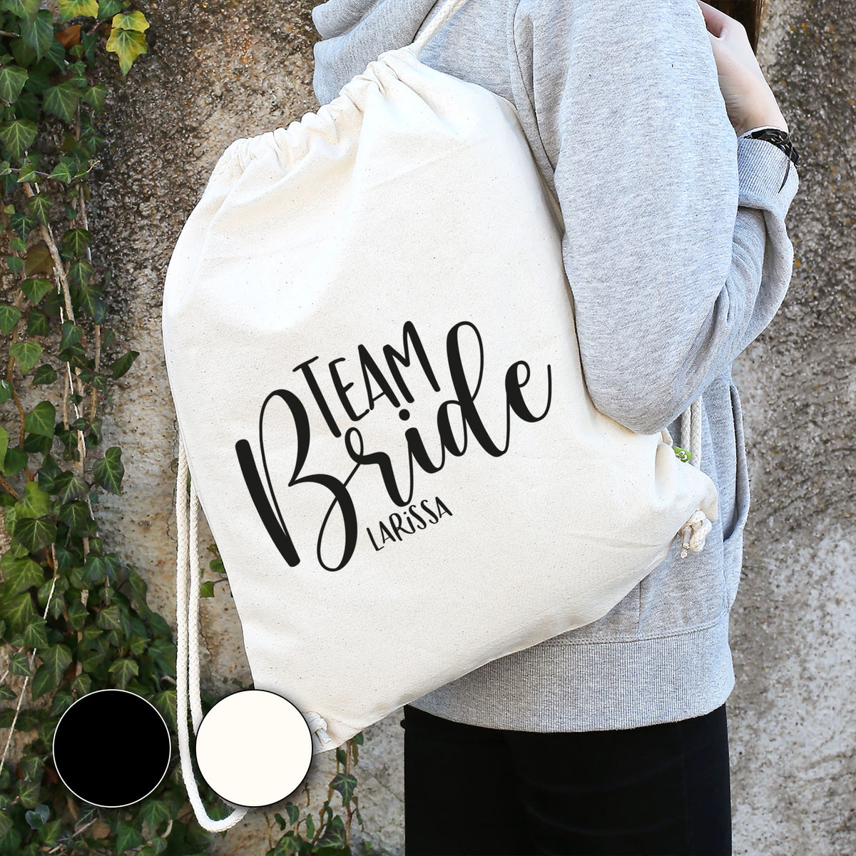 JGA Baumwoll-Rucksack mit Wunschname | Team Bride | Schwarz & Natur