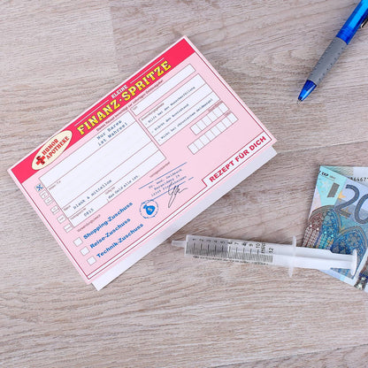 Finanzspritze mit Glückwunschkarte