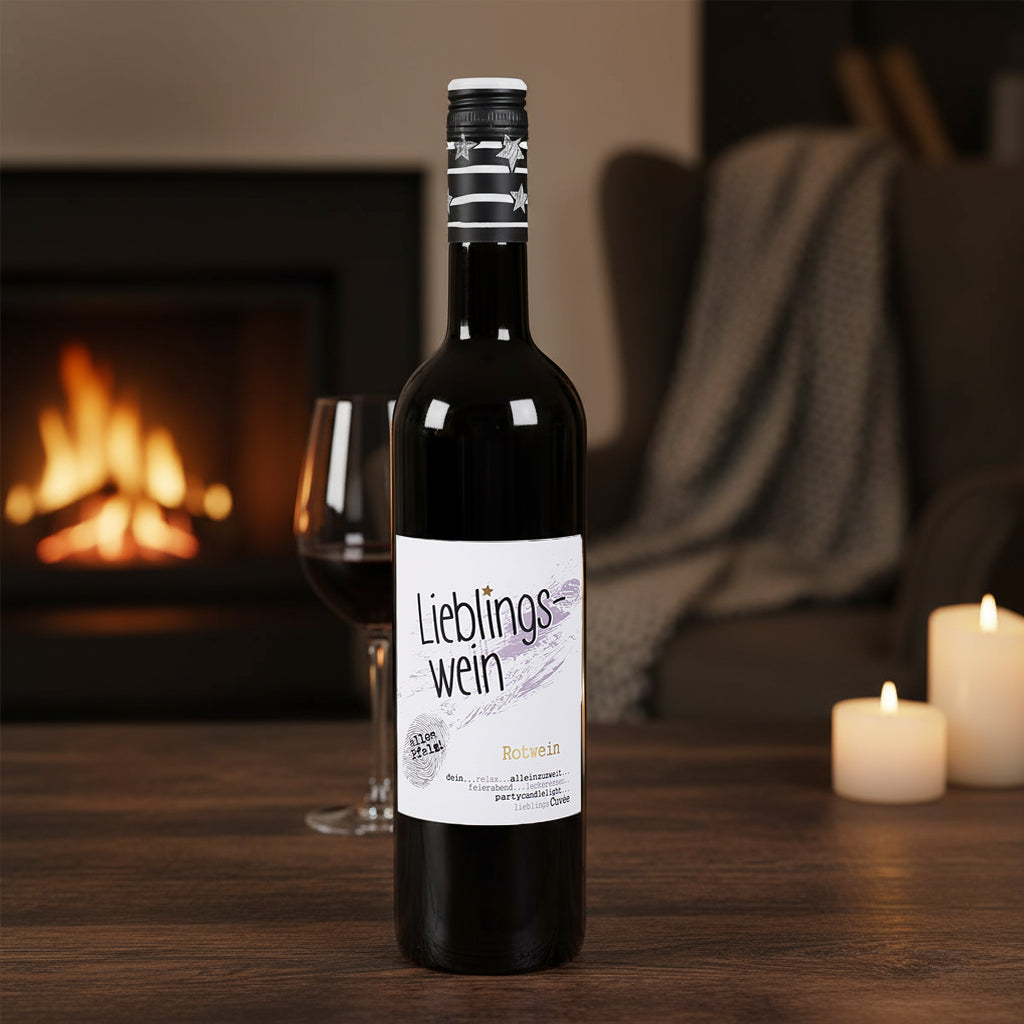 Flasche Lieblingswein Cuvée Rotwein Halbtrocken 0,75 l vor Kamin mit Kerzen – stimmungsvolle Atmosphäre