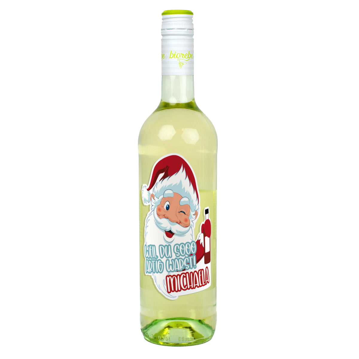 Weißweinflasche mit Weihnachtsmann-Etikett „Weil du sooo artig warst! Michaela“, freigestellt auf weißem Hintergrund.