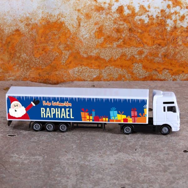 Mini-LKW im Maßstab 1:87 mit weihnachtlichem Motiv, Geschenkpaketen und personalisiertem Namen „Raphael“