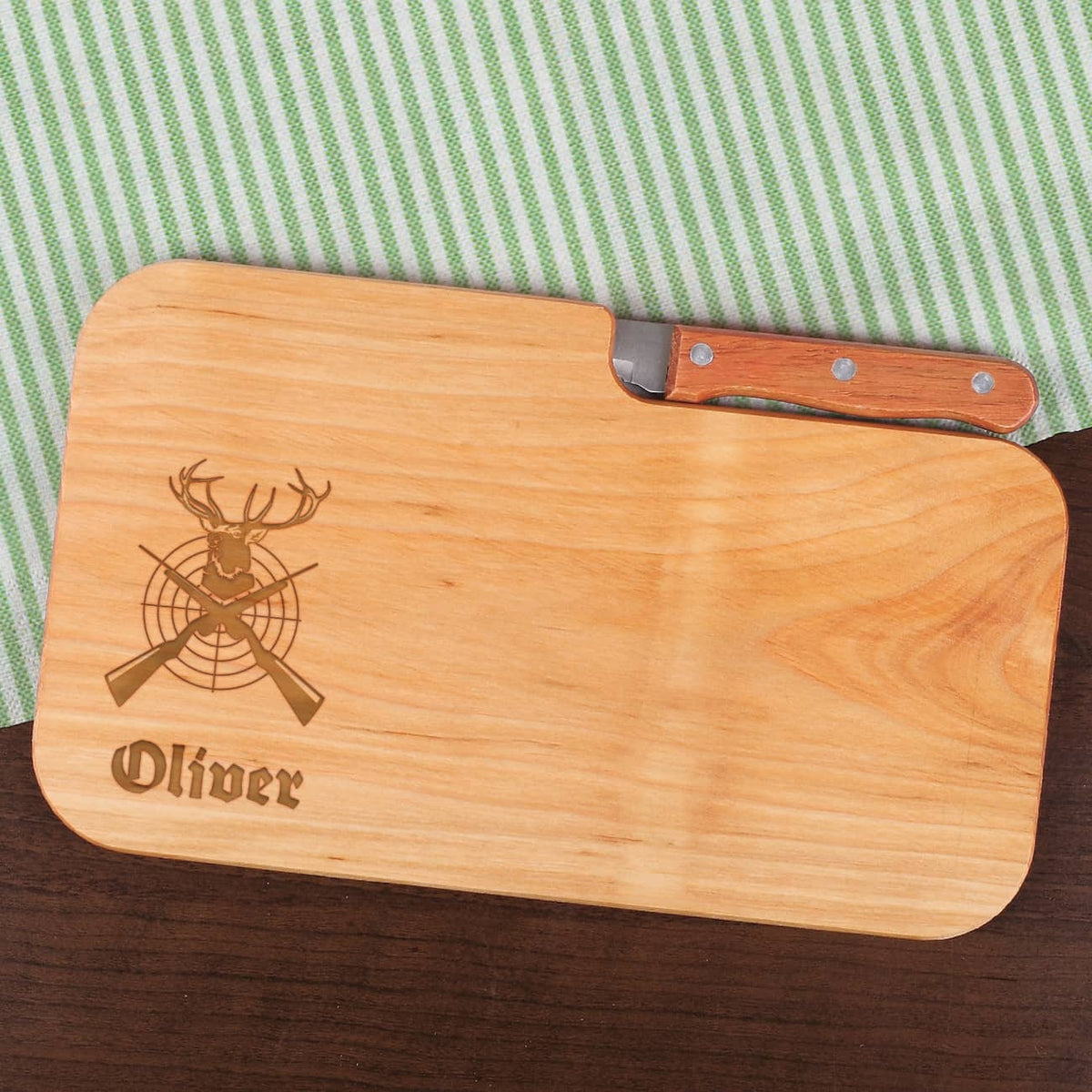 graviertes Holzschneide-Brettchen mit Messer für Jäger