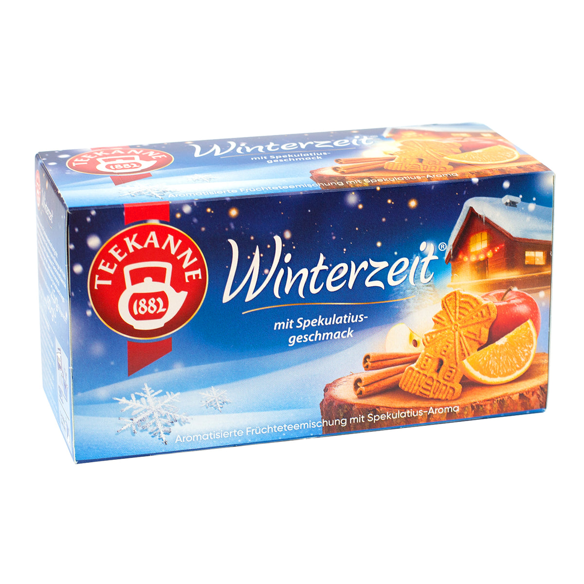 Teekanne Winterzeit Früchteteemischung mit Spekulatius-Aroma freigestellt auf weißem Hintergrund