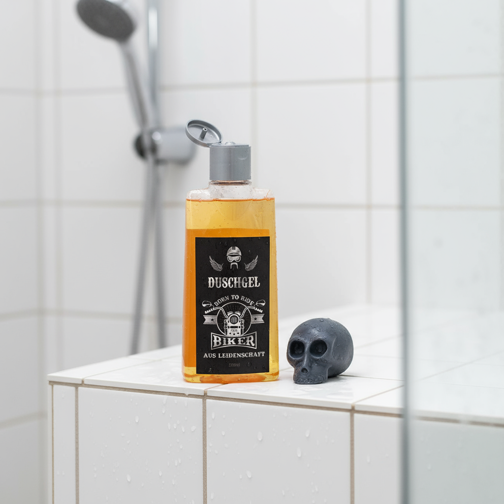 Badset für Biker aus Duschgel und Seife in weißer Dusche