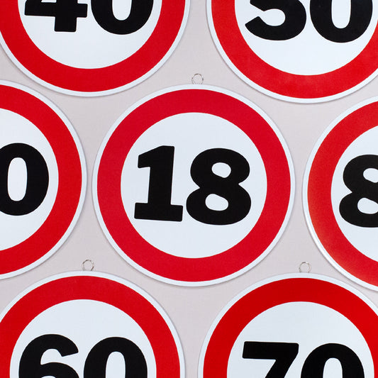 Rundes Blechschild zum Geburtstag & Jubiläum 25 cm im Verkehrsschild Design - Übersicht Nahaufnahme