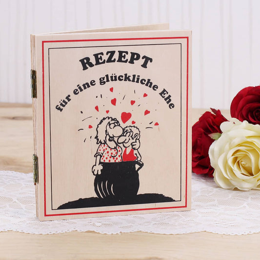 Rezeptbuch aus Holz für eine glückliche Ehe