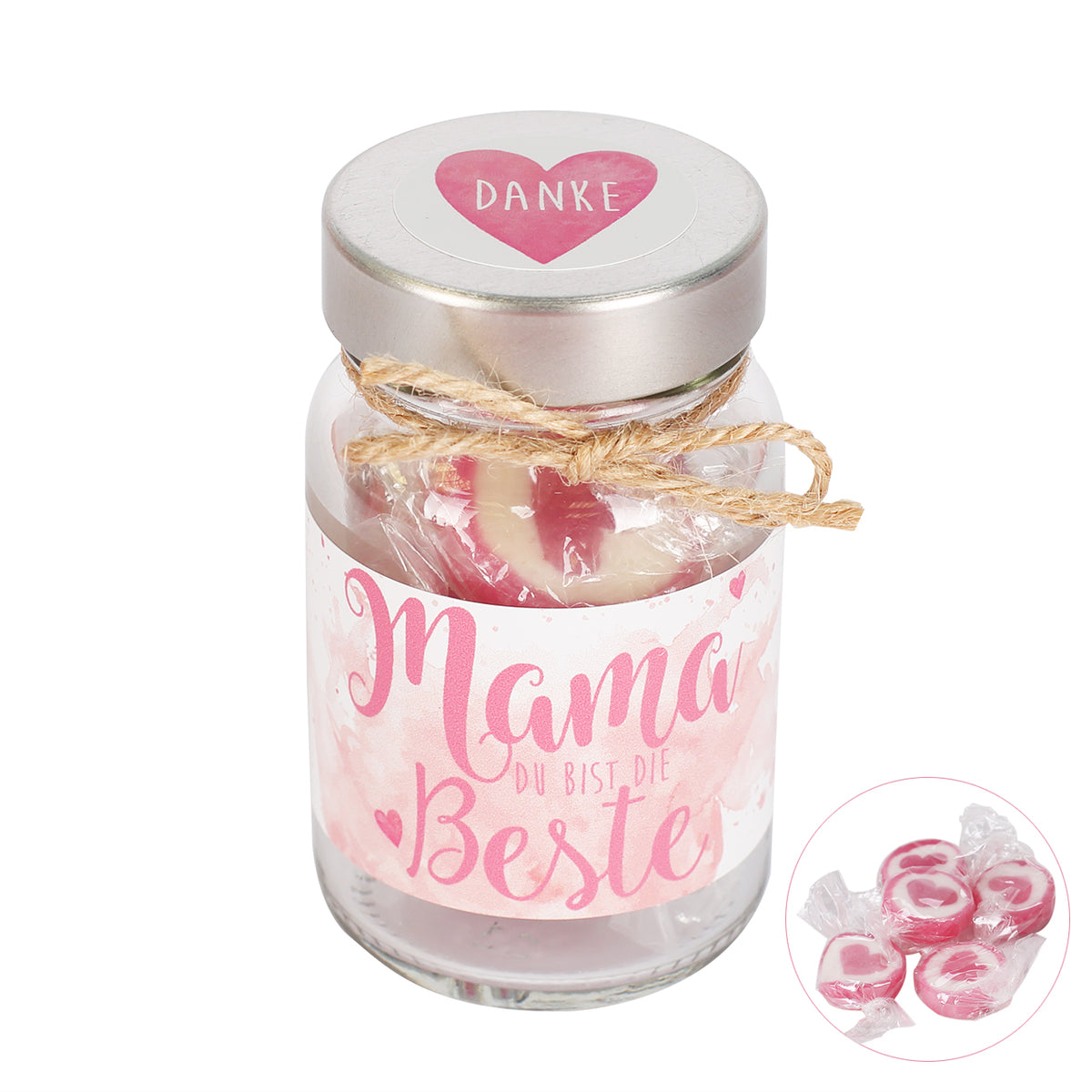 Danke Mama - Bonbons im Glas mit Banderole umklebt