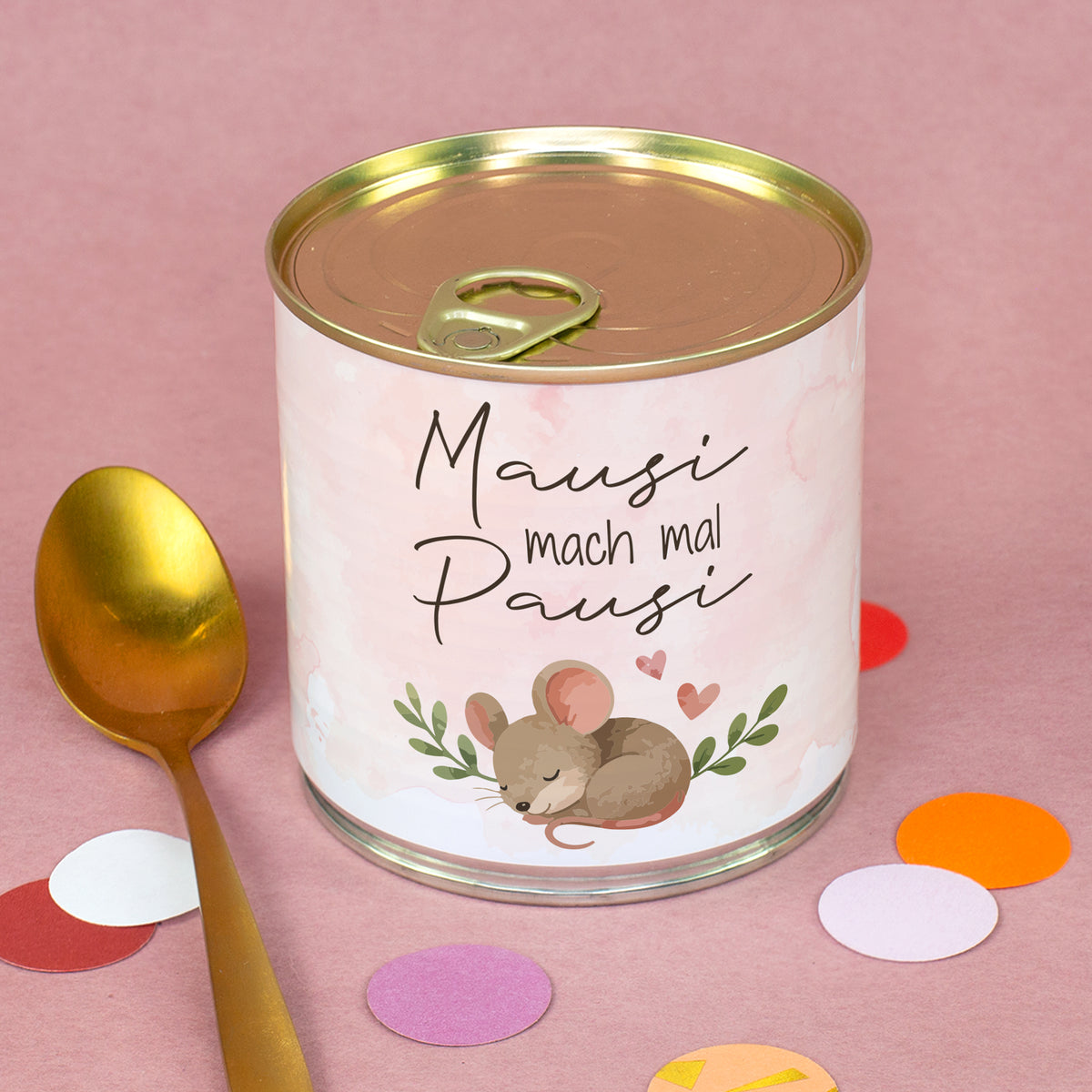 Rosa Dosenkuchen „Mausi mach mal Pausi“ mit schlafender Maus, goldenem Aufreißdeckel und dekorativem Löffel