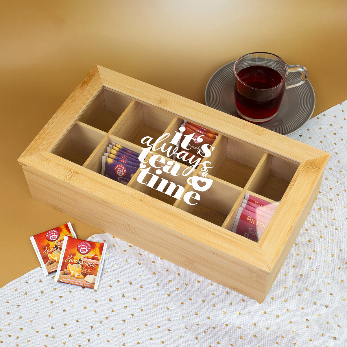 Bambus Teebox mit 10 Fächern für Teebeutel als Geschenk für Teeliebhaber