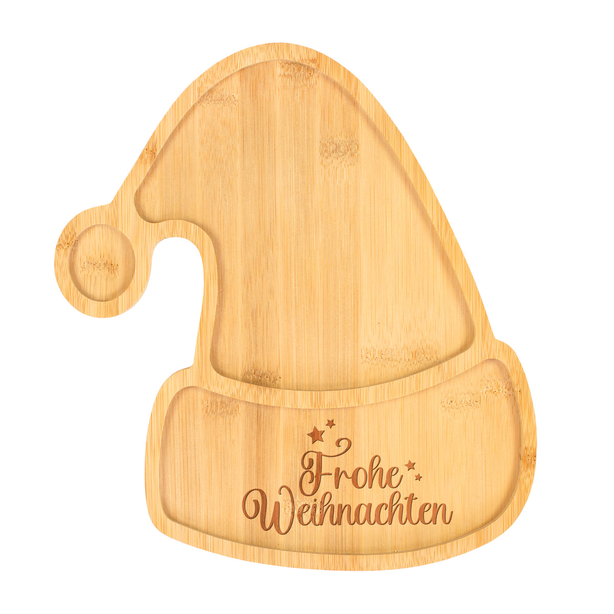 Plätzchenteller & Servierbrett aus Bambus mit Gravur 'Frohe Weihnachten'  | Form Weihnachtsmütze