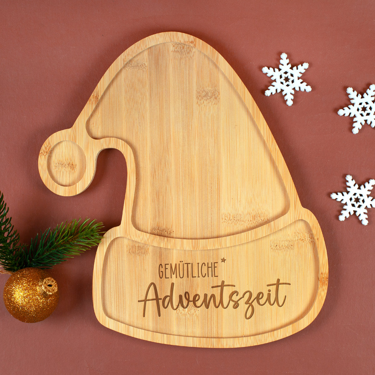 Weihnachtlicher Plätzchenteller aus Bambus mit Gravur Gemütliche Adventszeit und Weihnachtsdeko
