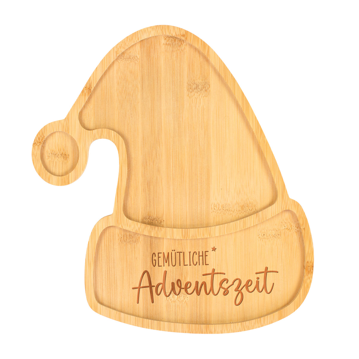 Servierbrett aus Bambus mit mehreren Fächern und Gravur Gemütliche Adventszeit auf weißem Hintergrund