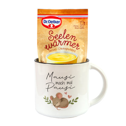 Mausi mach mal Pausi Tasse mit Dr. Oetker Seelenwärmer Vanille Geschmack