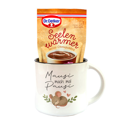 Mausi mach mal Pausi Tasse mit Dr. Oetker Seelenwärmer Schokolade