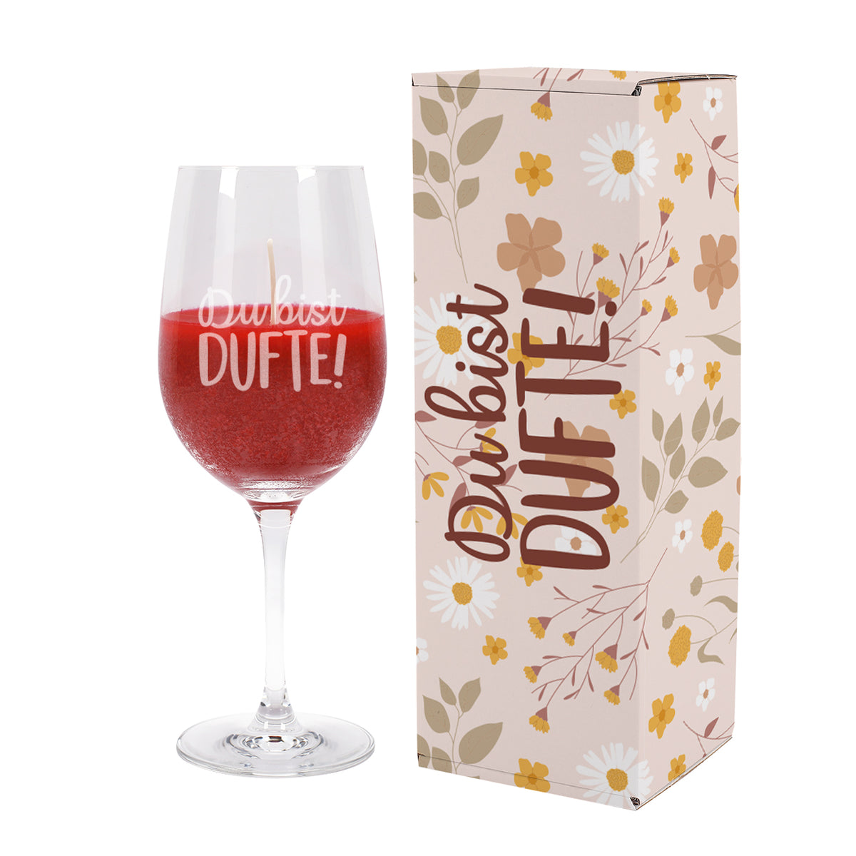 Geschenkset mit Duftkerze im Weinglas und abgestimmter Geschenkbox