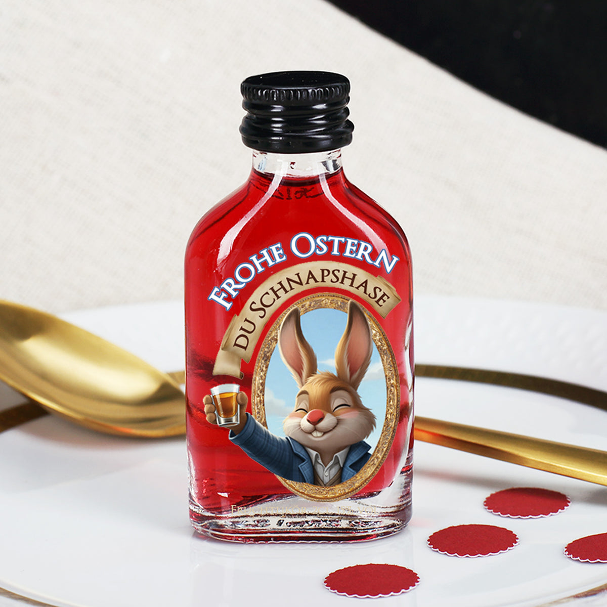Osterschnaps mit rotem Fruchtlikör und Hasenmotiv „Du Schnapshase“ in kleiner Glasflasche mit Schraubverschluss
