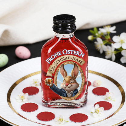 Mini Schnapsflasche mit rotem Fruchtlikör und fröhlichem Osterhasen der ein Schnapsglas hält