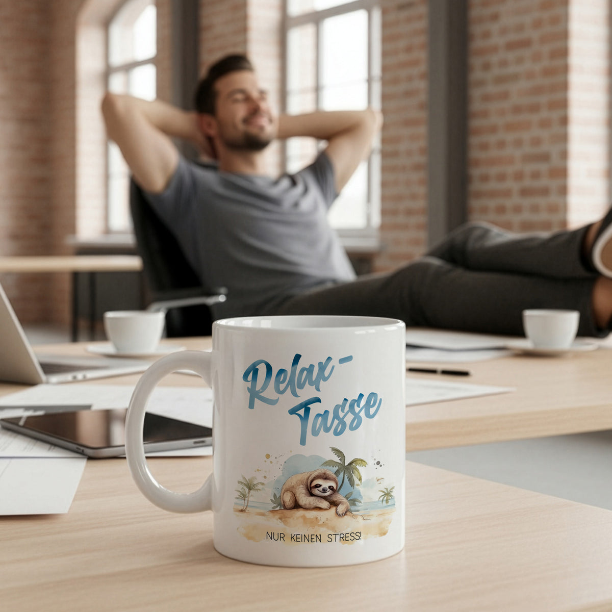 Relax-Tasse mit Faultiermotiv auf Schreibtisch, Mann lehnt entspannt im Bürostuhl