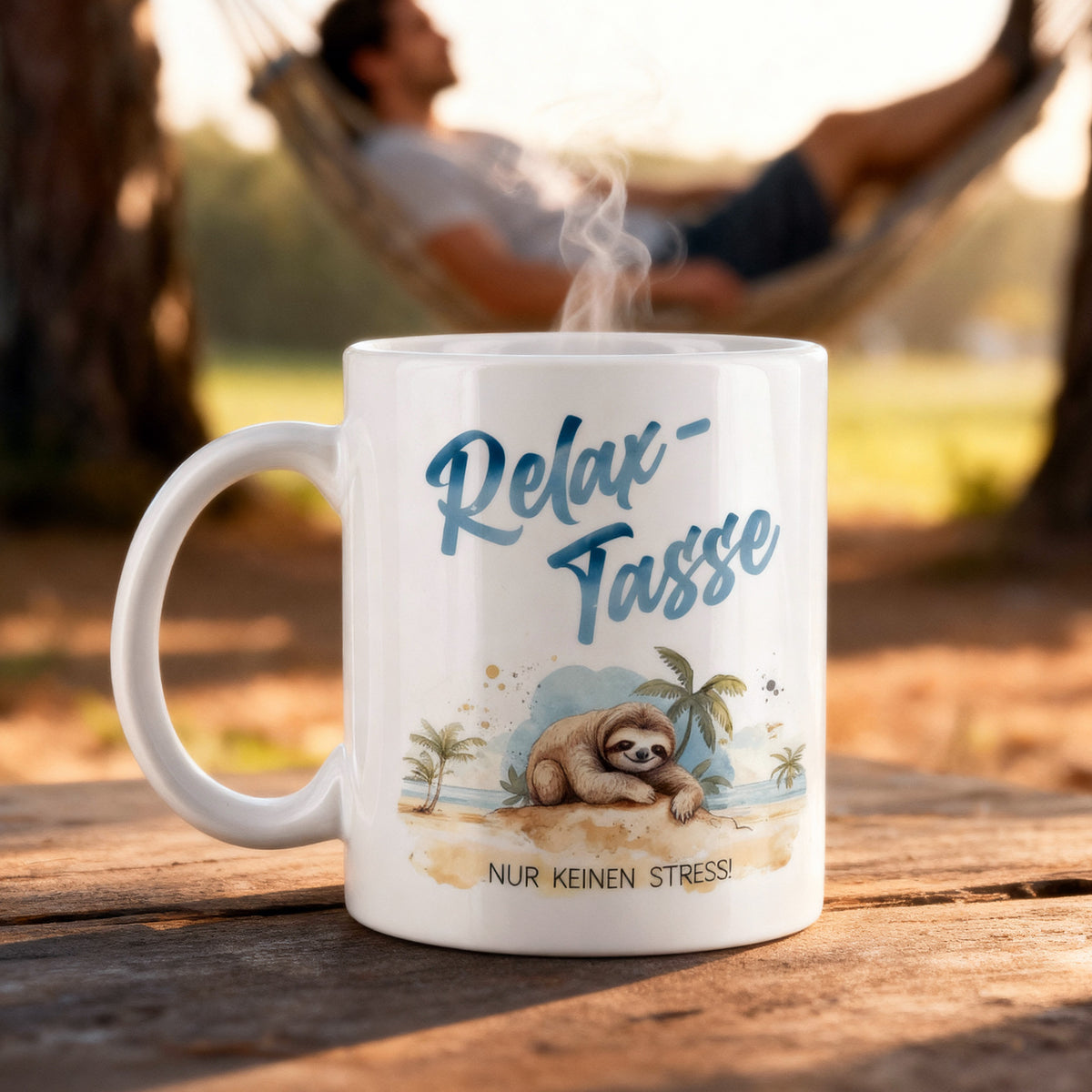 Relax-Tasse mit Faultiermotiv und Spruch „Nur keinen Stress!“ auf Holztisch im Garten, unscharfer Mann in Hängematte im Hintergrund