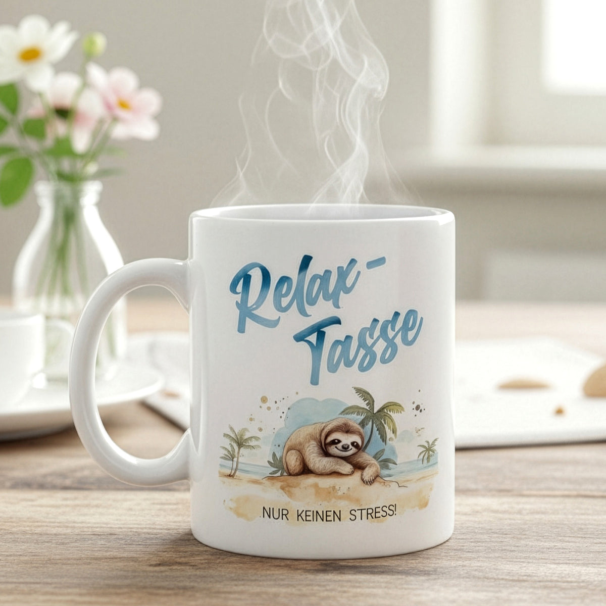 Relax-Tasse mit aufsteigendem Dampf auf Holztisch, Blumen und Vase im Hintergrund