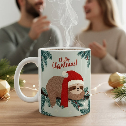 Tasse mit Faultiermotiv „Chilly Christmas!“ auf Tisch, im Hintergrund lachendes Paar in gemütlicher Weihnachtsatmosphäre.